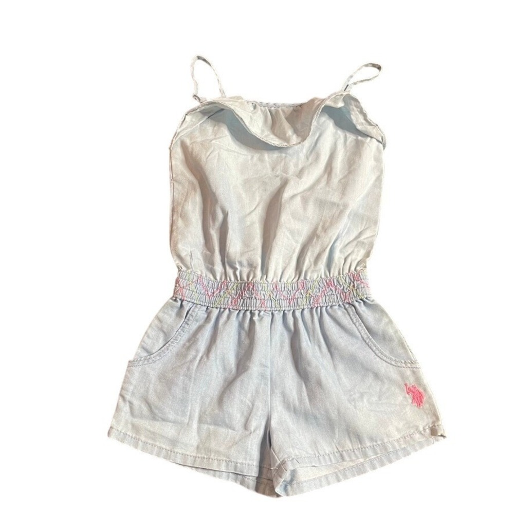 US Polo Assn Kids Girls Light Wash Denim Chambray Romper Jumpsuit 6X